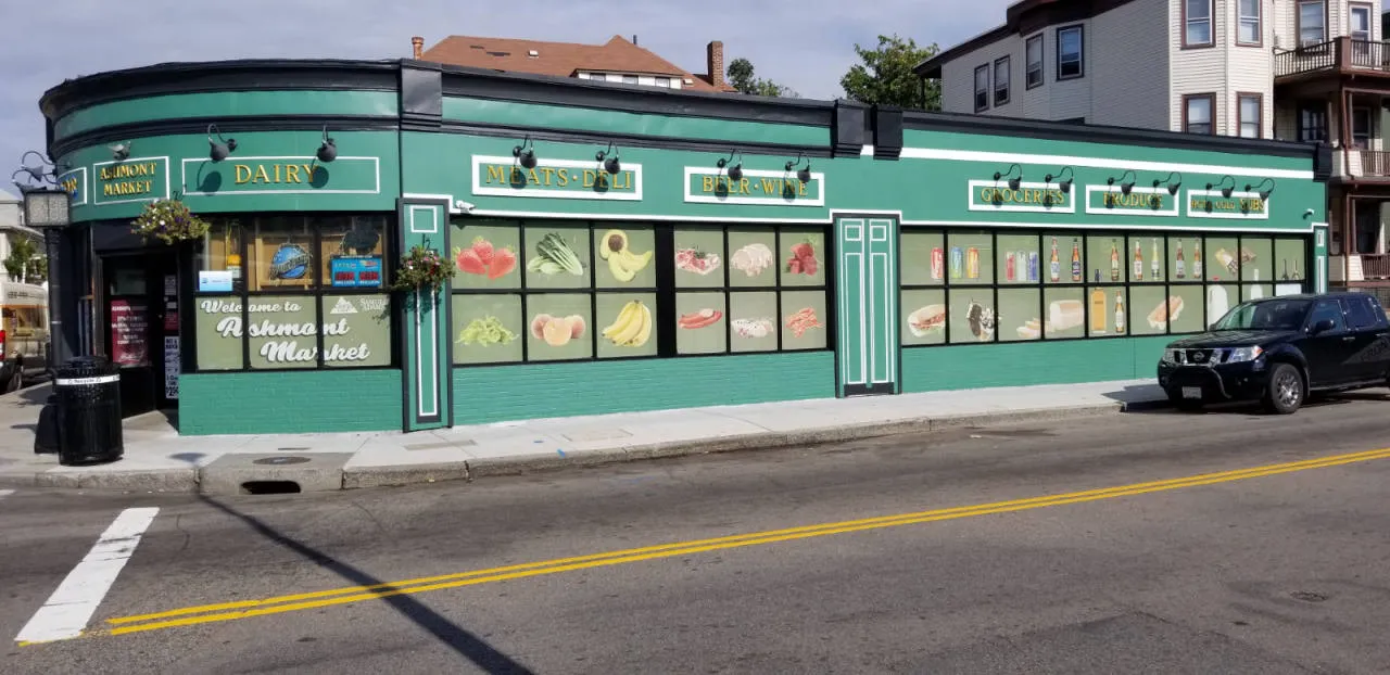 Ashmont Market storefront on Adams Street in Dorchester, Massachusetts